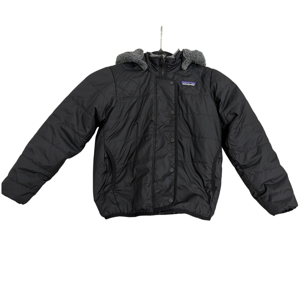 Patagonia Kids Reversible Puffer Jacket Black Grey Fleece Hooded XS 5-6 2654